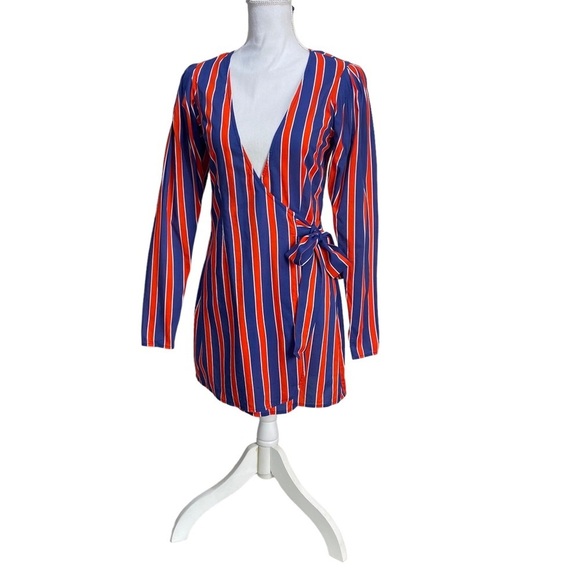 WeWoreWhat Blanca Wrap Dress Size Small Navy Blue Red Stripe Long Sleeve Summer - Picture 3 of 16